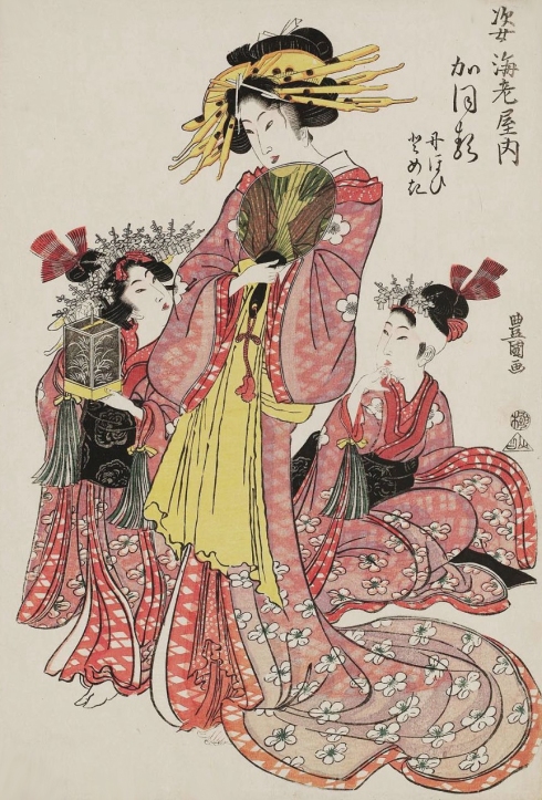 Utagawa Toyokuni I (1769-1825) - Kaoru of the Sugata-Ebiya, kamuro Nioi and Tomeki. Ukiyo-e, 1800