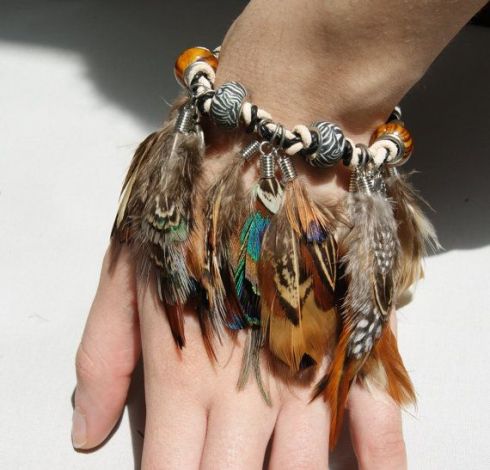 Tribal Pheasant Feather,Leather Bracelet with Boho Glass Beads, OOAK design on Etsy