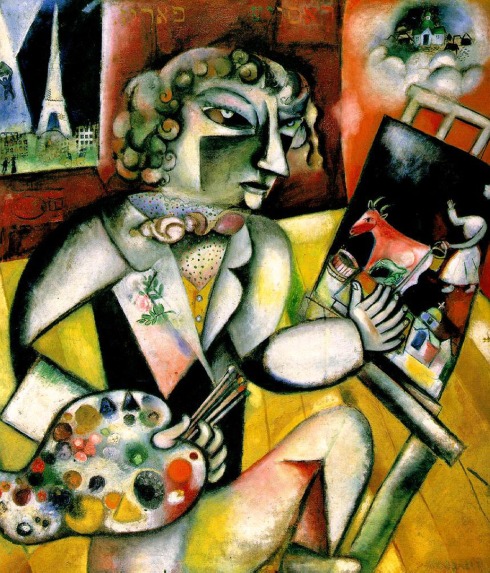 1913. Self-Portrait with Seven Fingers is an oil painting by Belarusian painter Marc Chagall,