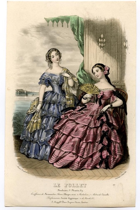 1853. evening dresses, Le Follet, relaxed summer setting